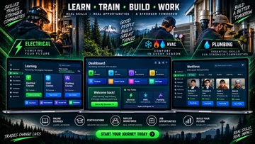 Electrical, HVAC, and plumbing workers alongside learning and workforce dashboards, with Pacific Northwest mountains in the background